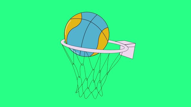 Cartoon basketball passing through a hoop on a bright, soft mint-green background, capturing motion, video loops, green screen, 4k, footage, 4k footage, videos, video clip, slow motion