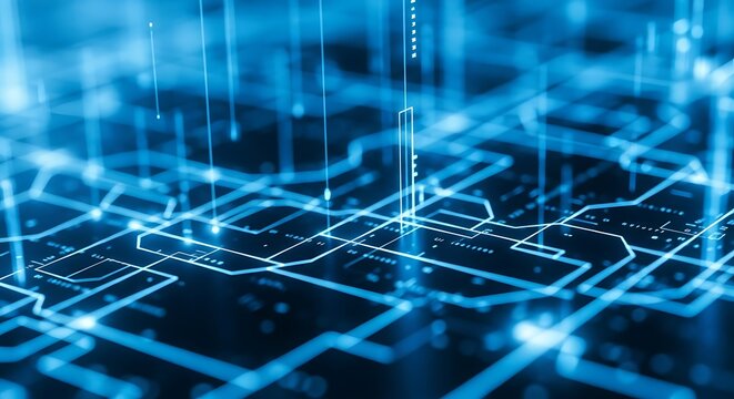 High Speed Digital Communication Network Represented by Glowing Blue Circuit Board Lines and Abstract Data Pathways Illustrating Modern Technology Connections and Future Computing Concepts