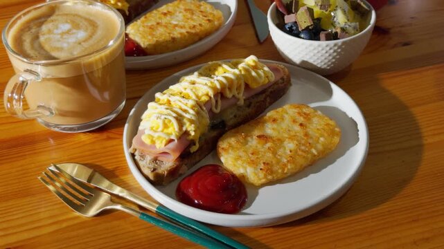 Appetizing Brunch Platter with Sweet French Toast Stacks, Coffee Latte, and Savory Hash Browns on Wooden Table