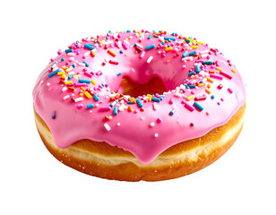 Pink frosted donut with colorful sprinkles on a white background