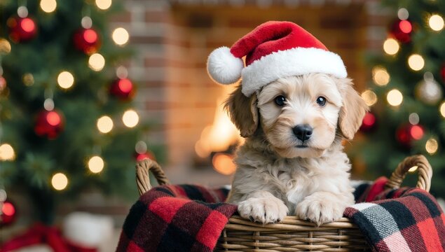 A charming puppy in a santa hat sits in a basket near the christmas tree with blurred lights - Powered by Adobe