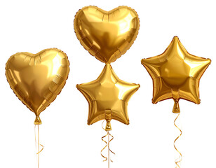 Shiny golden heart and star balloons with ribbons