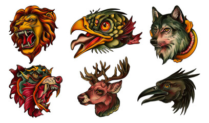 Fototapeta premium Vibrant Animal Illustrations with Unique Styles and Detailed Features on Transparent Background