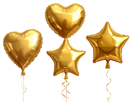 Shiny golden heart and star balloons with ribbons