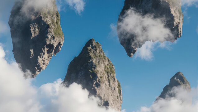 Floating stone mountains drift in a bright blue sky, surrounded by ethereal clouds and lush vegetation