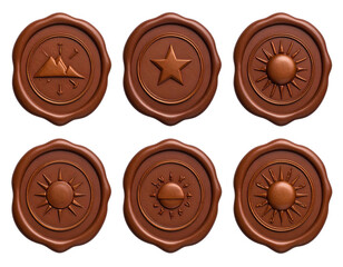 Six textured wax seals featuring distinct embossed symbols