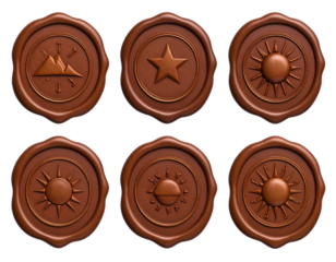 Six textured wax seals featuring distinct embossed symbols