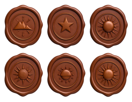 Six textured wax seals featuring distinct embossed symbols