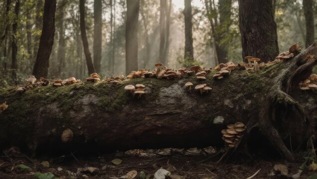 Fallen tree trunk covered in mushrooms amidst a sunlit, misty forest with depth of field