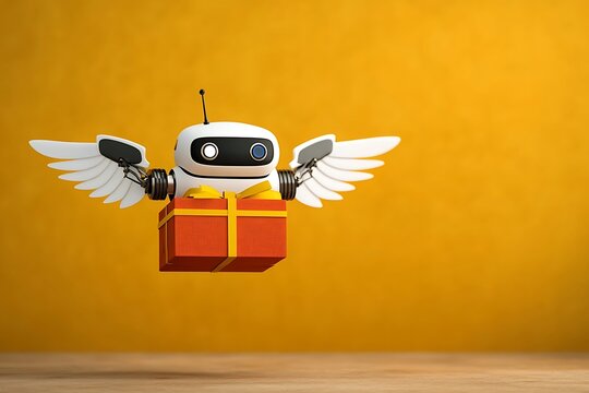 Flying robot delivering a gift box with wings on a yellow background for fast delivery concept