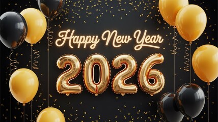 Elegant Happy New Year 2026 Celebration Design with Gold Balloons and Black Background Ideal for Party Invitations and Greetings Cards