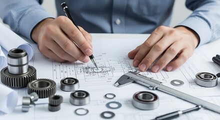 Professional Engineer Hands Drawing Detailed Technical Schematics Surrounded By Precision Metal Gears Ball Bearings And A Caliper Tool For Advanced Industrial Design Work