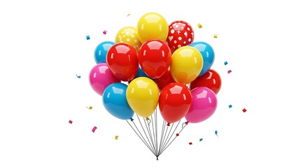 Colorful Balloons Bunch Floating with Confetti for Celebration on White Background