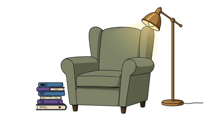 Cozy Armchair Reading Nook Illustration with Lamp and Stack of Books