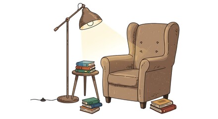 Cozy Armchair with Lamp and Books Illustration for Reading Nook
