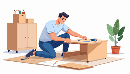 Man assembling furniture, DIY project at home, following instructions for a table, flat vector illustration