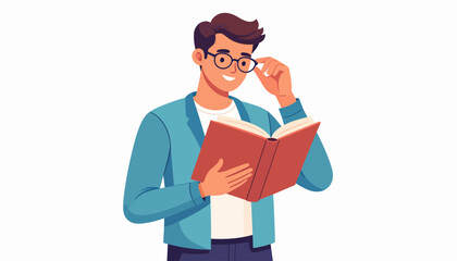 Illustration of a young man wearing glasses intently reading an open book, symbolizing knowledge and education