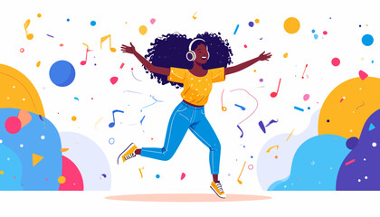 Vibrant illustration of a cheerful woman with headphones dancing happily, surrounded by an explosion of colorful confetti and musical notes, symbolizing joy and freedom