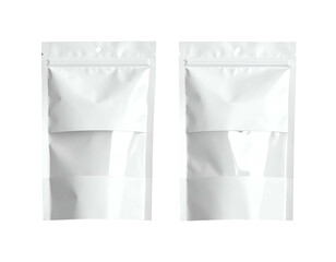 Two blank white resealable pouches with clear windows, isolated