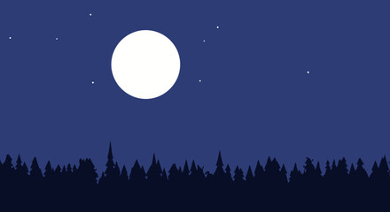 Minimalist illustration of a serene night landscape with a full moon and trees silhouette © fardo