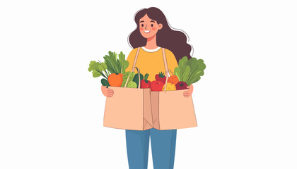Smiling young woman holding two paper grocery bags filled with fresh, healthy organic vegetables and fruits after shopping at a market