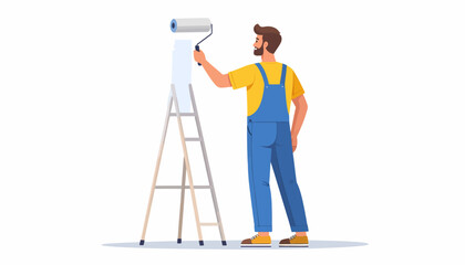 Professional painter in overalls using a roller to paint a wall while standing on a ladder, renovation concept