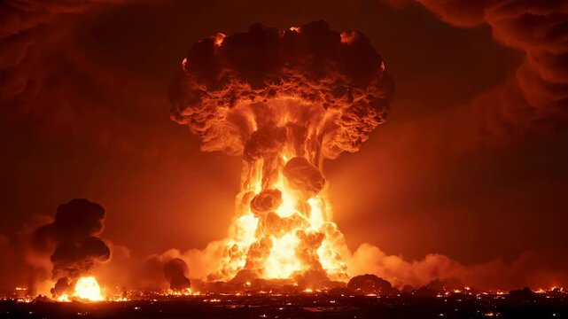 A fiery nuclear explosion mushroom cloud dominates the night sky over a city, showcasing a scene of immense destruction with a glowing horizon and dark, ominous clouds.