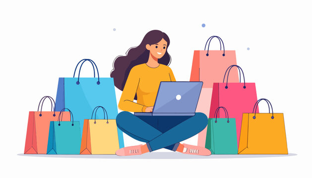 Relaxed young woman embracing the convenience of online shopping, happily surrounded by a colorful pile of new purchases, symbolizing modern e-commerce success