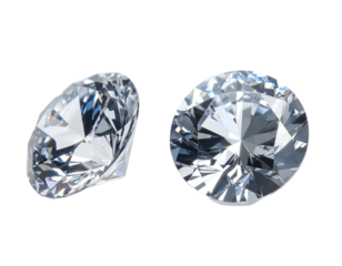 Two sparkling, faceted, colorless gemstones on black