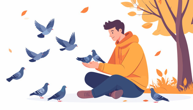 A young man sitting outdoors with his hands outstretched, feeding a flock of pigeons in an autumnal park setting