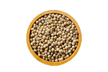 White peppercorns, used to add sharp, lasting heat and aroma to dishes.