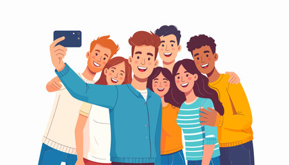 A joyful and diverse group of young friends captures a precious moment together, smiling brightly while taking a happy smartphone selfie, embodying companionship and shared happiness