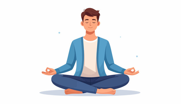 Serene young man embracing mindfulness meditation, finding inner peace and mental tranquility through a relaxed lotus pose, promoting overall well-being and stress relief