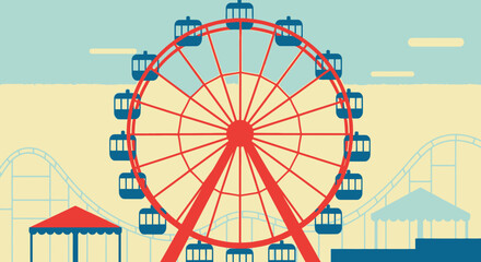 Obraz premium Vibrant and Nostalgic Ferris Wheel Scene in Retro Style Illustration Art Design