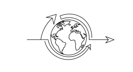 Minimalist line drawing of earth with arrows circling around, , symbolizing global connection, sustainability, and continuous movement in a simple design