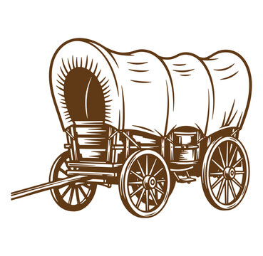 Classic covered wagon illustration depicting pioneer era transportation for western themes