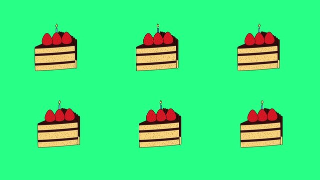 Six identical cartoon cake slices with cherries arranged in a 3x2 grid on a bright green background, video loops, green screen, 4k, footage, 4k footage, videos, video clip, slow motion