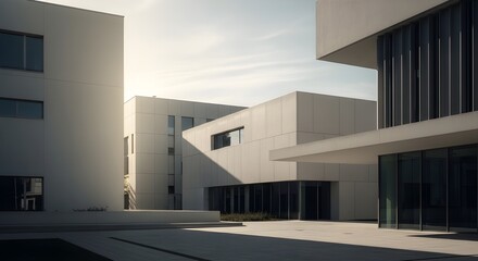 Obraz premium Modern architecture with geometric shapes and clean lines under a bright sky.