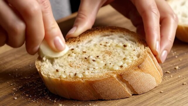 Close up of hands tearing a slice of fresh bread on a wooden board.