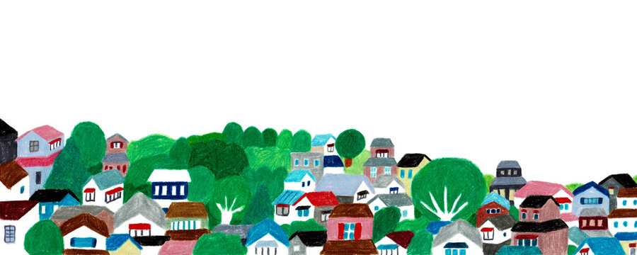 手描きイラスト　緑あふれる住宅街