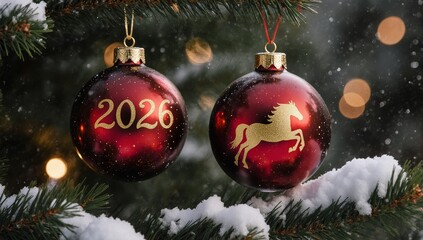 Festive red christmas ornaments with horse symbol and new year 2026 number on evergreen branches