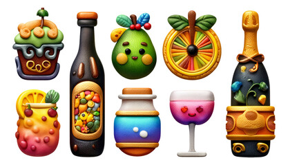 Naklejka premium Colorful Illustration of Whimsical Food and Beverage Objects on Transparent Background
