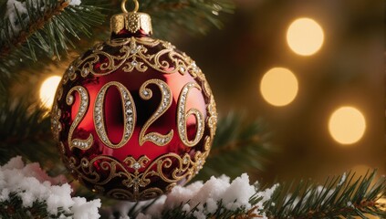 A stunning red christmas bauble with glittering numbers two zero two six on evergreen branch surrounded by bokeh lights