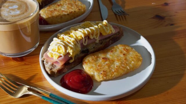 Appetizing Brunch Platter with Sweet French Toast Stacks, Coffee Latte, and Savory Hash Browns on Wooden Table