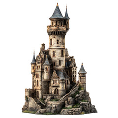 Obraz premium Intricate stone castle with multiple towers and turrets perched on a rocky cliff. detailed medieva