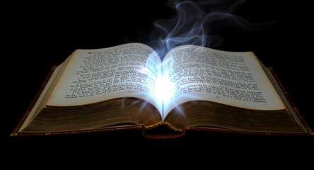An open book with a bright light emanating from its pages, symbolizing knowledge, wisdom, and the power of storytelling, set against a dark background to enhance the mystical atmosphere