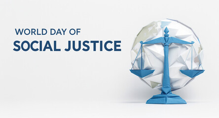 World day of social justice concept with a modern, geometric representation of the scales of justice against a globe, isolated on white background, promoting equality and human rights
