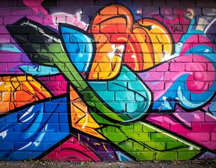 Colorful, vibrant graffiti art on a brick wall, showcasing bold shapes and a spectrum of hues