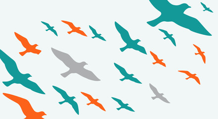 Birds in Flight: Teal, Orange, and Gray Silhouettes Against a White Background © fardo