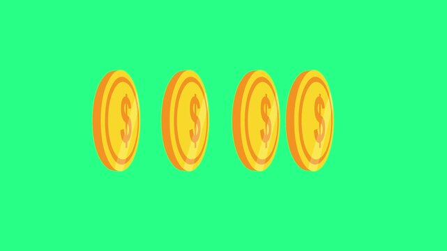 Four gold coins float in a bright green background with simple side views and flat shading and depth, video loops, green screen, 4k, footage, 4k footage, videos, video clip, slow motion